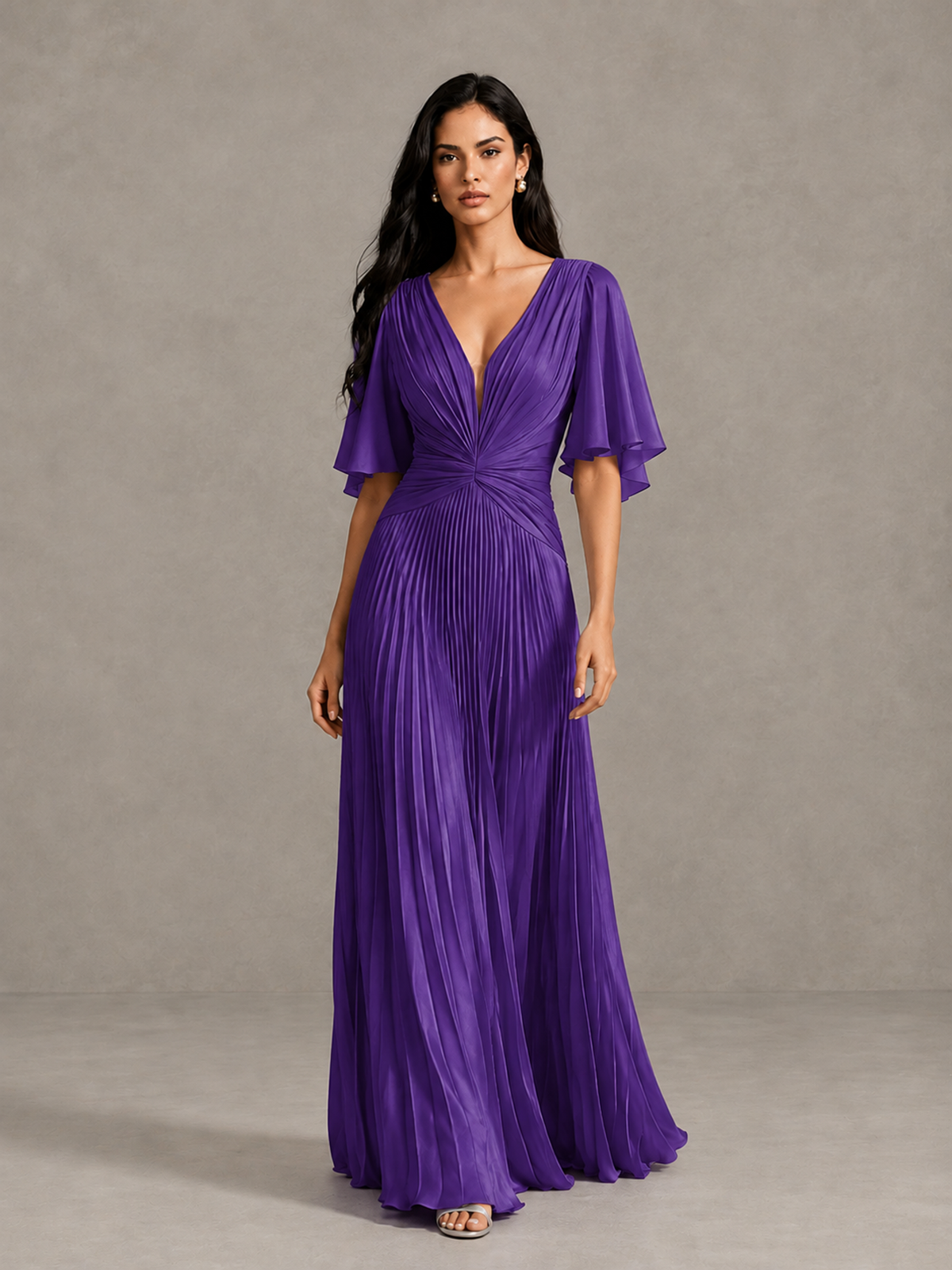 BOLODOO Purple Pleated V-Neck Flutter Sleeve Bridesmaid Dress - Purple - Purple (1)