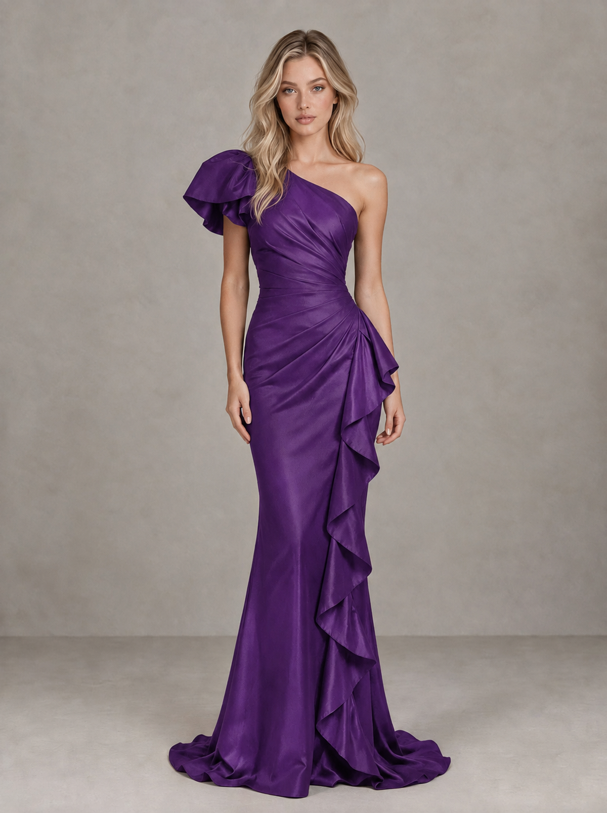 BOLODOO Purple One-Shoulder Satin-Look Mermaid Evening Dress with Ruffles - Purple - Purple (1)