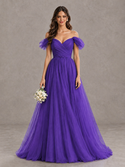 BOLODOO Purple Off-the-Shoulder Ruffle Sleeve A-Line Bridesmaid Dress - Purple - Purple (1)