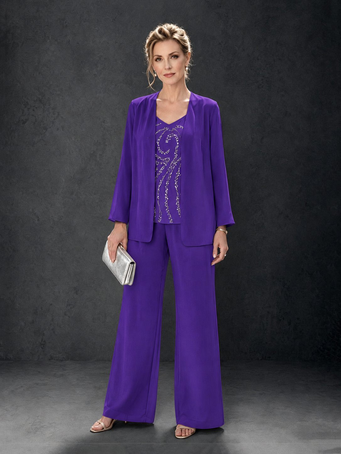 BOLODOO Purple 3-Piece Mother of the Bride Pant Suit with Beaded Top & Chiffon Jacket - Purple