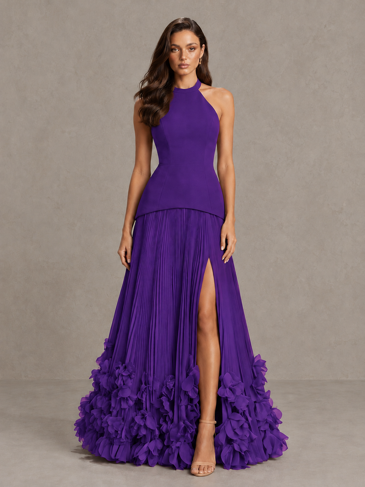 BOLODOO Purple Halter Neck Floor-Length Evening Gown with High Slit & 3D Floral Hem - Purple - Purple (1)