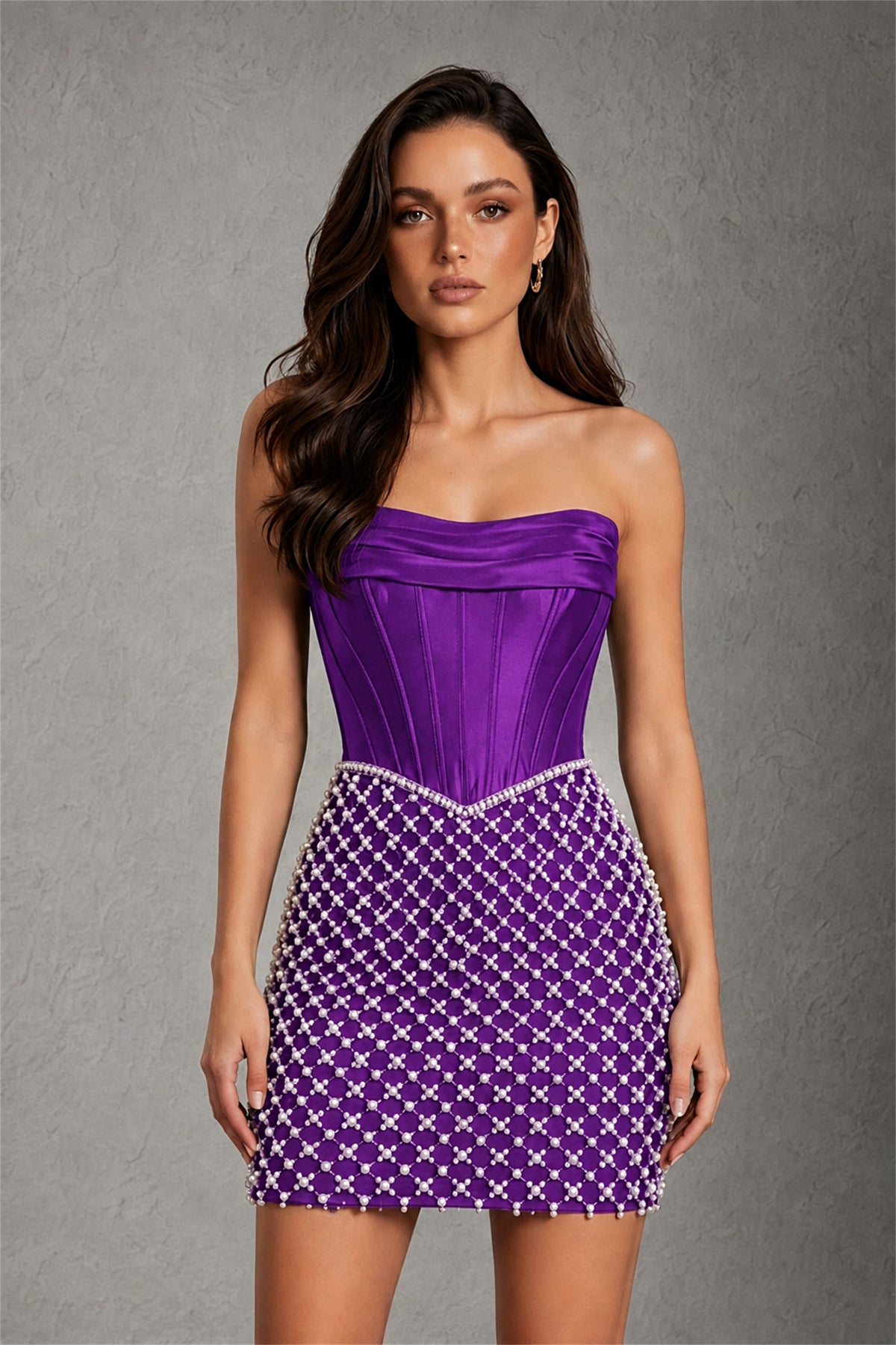 BOLODOO Purple Strapless Boned Corset Mini Dress Purple Geometric Beaded Skirt Lace-Up Back BD0355 - Purple