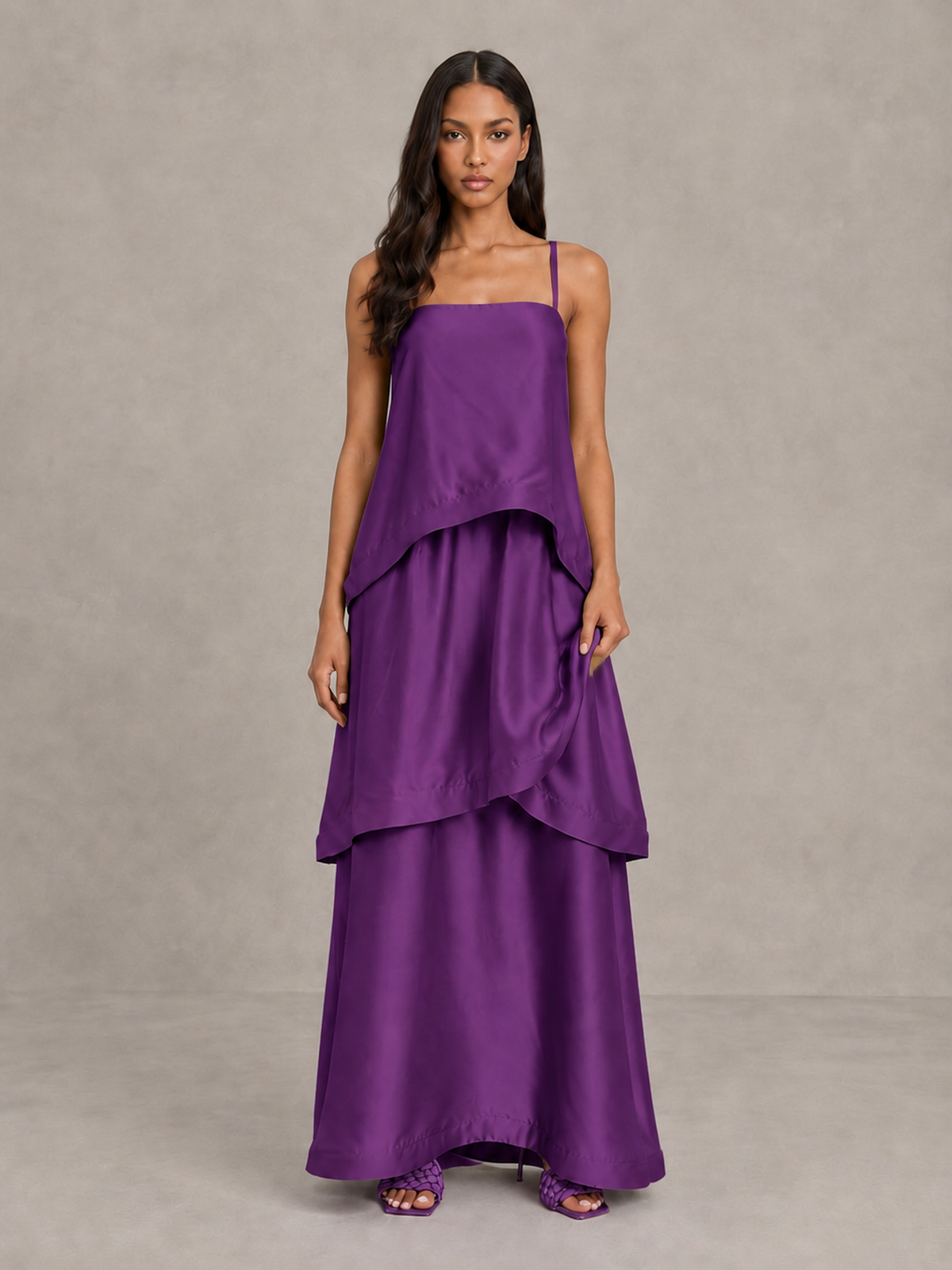 BOLODOO Purple Satin Tiered Maxi Dress with Spaghetti Straps - Purple