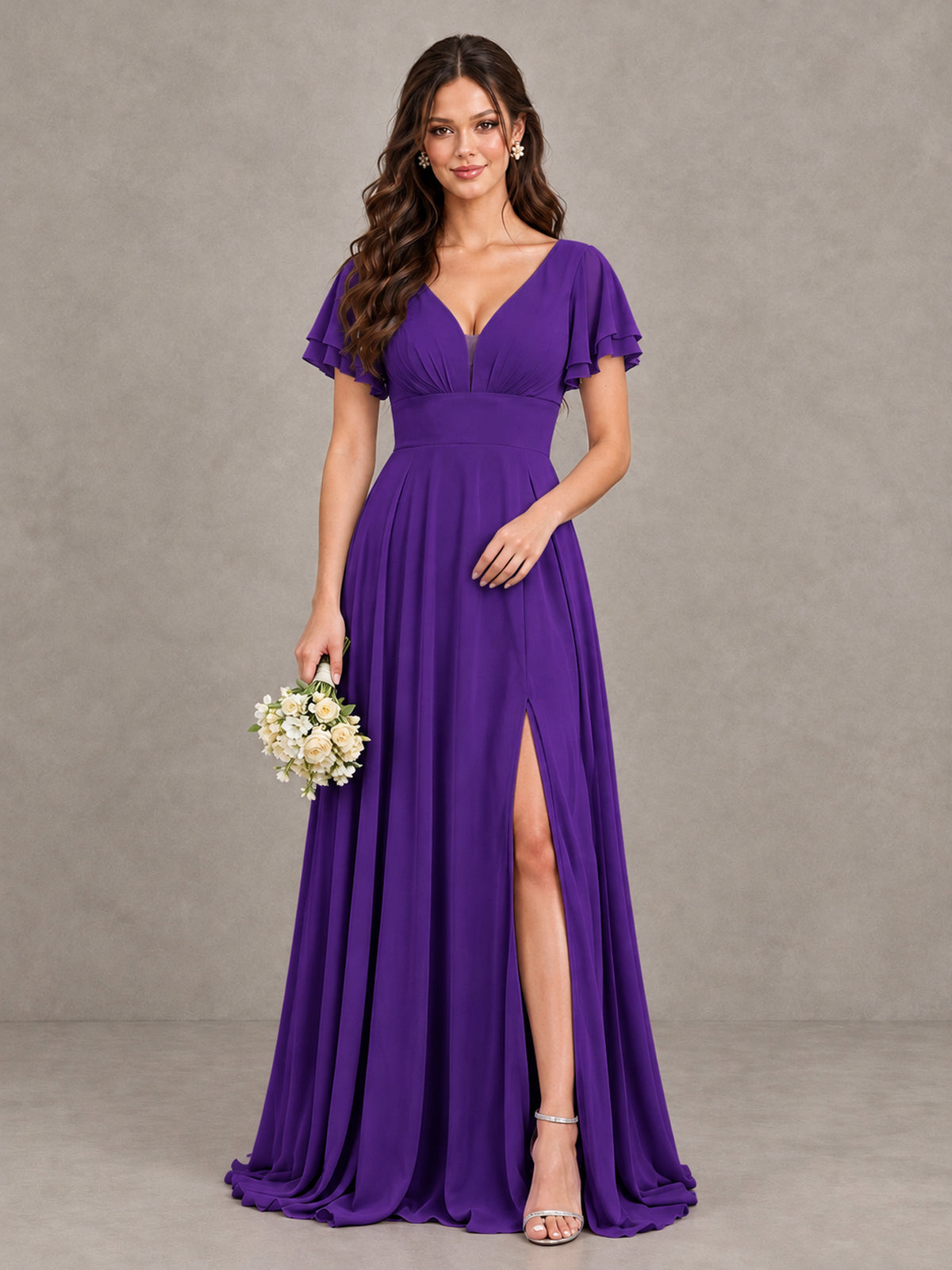BOLODOO Purple Flutter Sleeve Chiffon A-Line Maxi Bridesmaid Dress with Open Back & Slit - Purple - Purple (1)