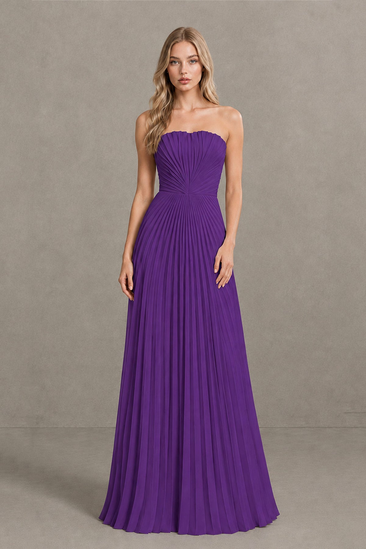 BOLODOO Purple Strapless Sunburst Pleated Twisted Knot Lace-Up Back Accordion Pleated Chiffon Maxi Dress - Purple