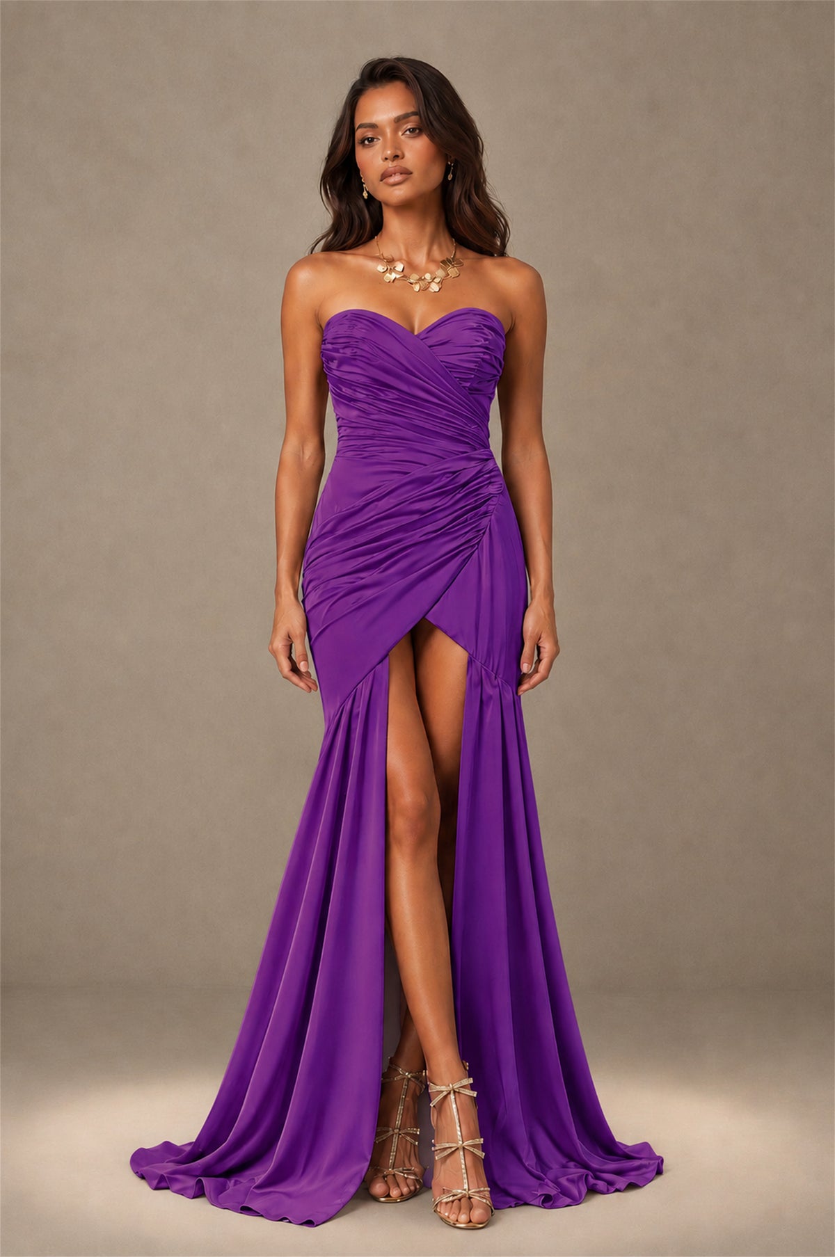 BOLODOO Purple Brown Stretch Satin Sweetheart Strapless Ruched Open Back High Slit Mermaid Maxi Dress - Purple