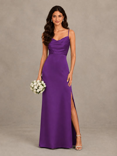 BOLODOO Purple Cowl Neck Satin Bridesmaid Dress with Slit - Purple - Purple (1)