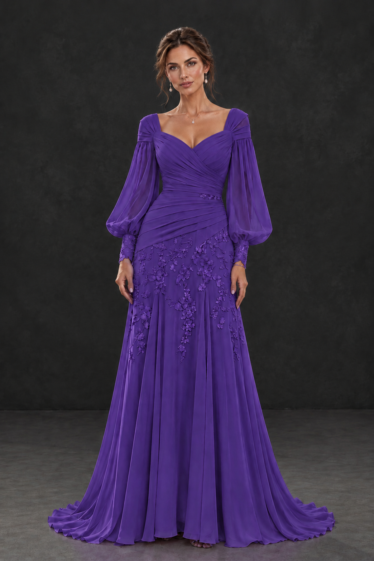 BOLODOO Purple Long Sleeve Mother of the Bride Dress with Floral Appliqués - Purple - Purple (1)