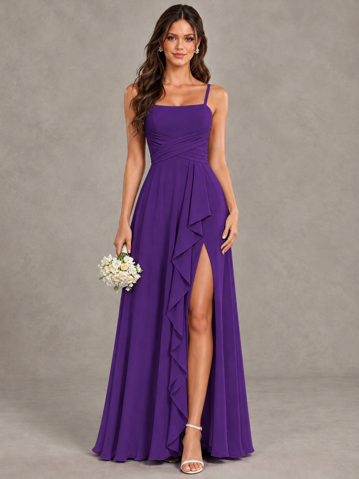 BOLODOO Purple Spaghetti Strap Ruffle Bridesmaid Dress with Slit - Purple - Purple (1)