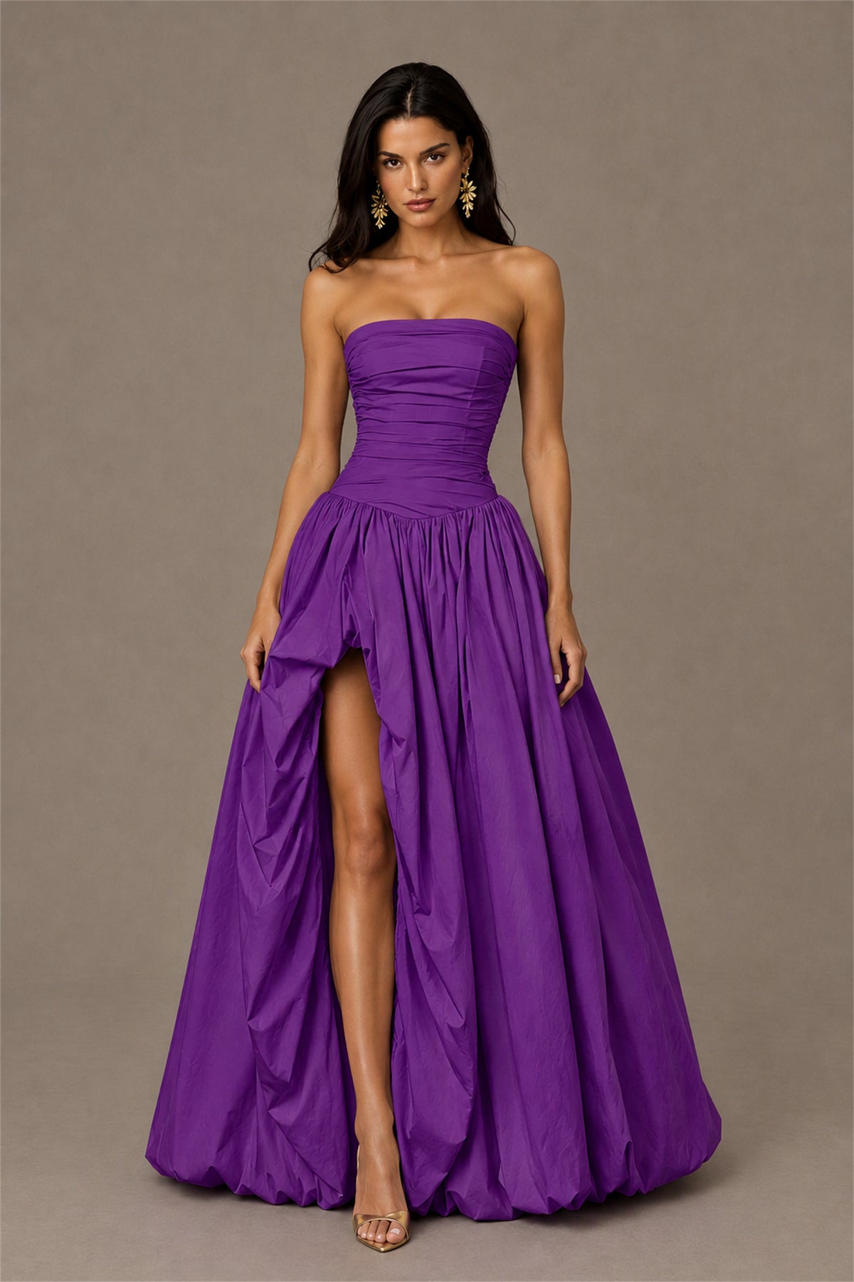 BOLODOO Purple Strapless Ruched Corset Lace-Up Back Bubble Skirt High Slit Taffeta Maxi Dress - Purple
