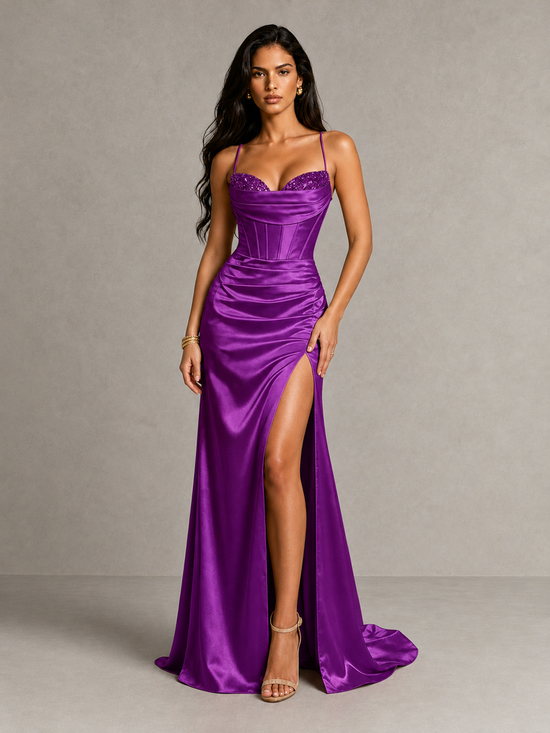 Purple Satin Corset Prom Dress with High Slit | BOLODOO
