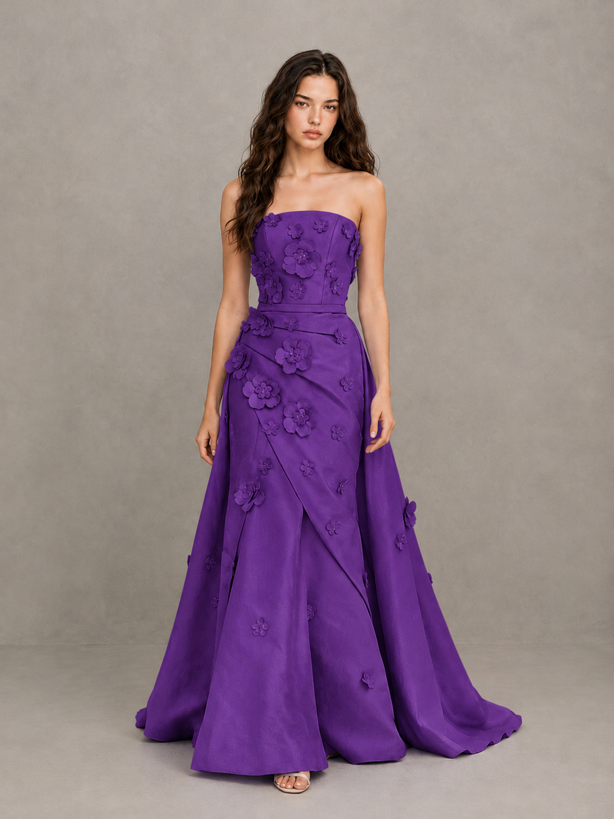 BOLODOO Purple Strapless 3D Floral Applique Prom Gown with Draped Skirt - Purple - Purple (1)