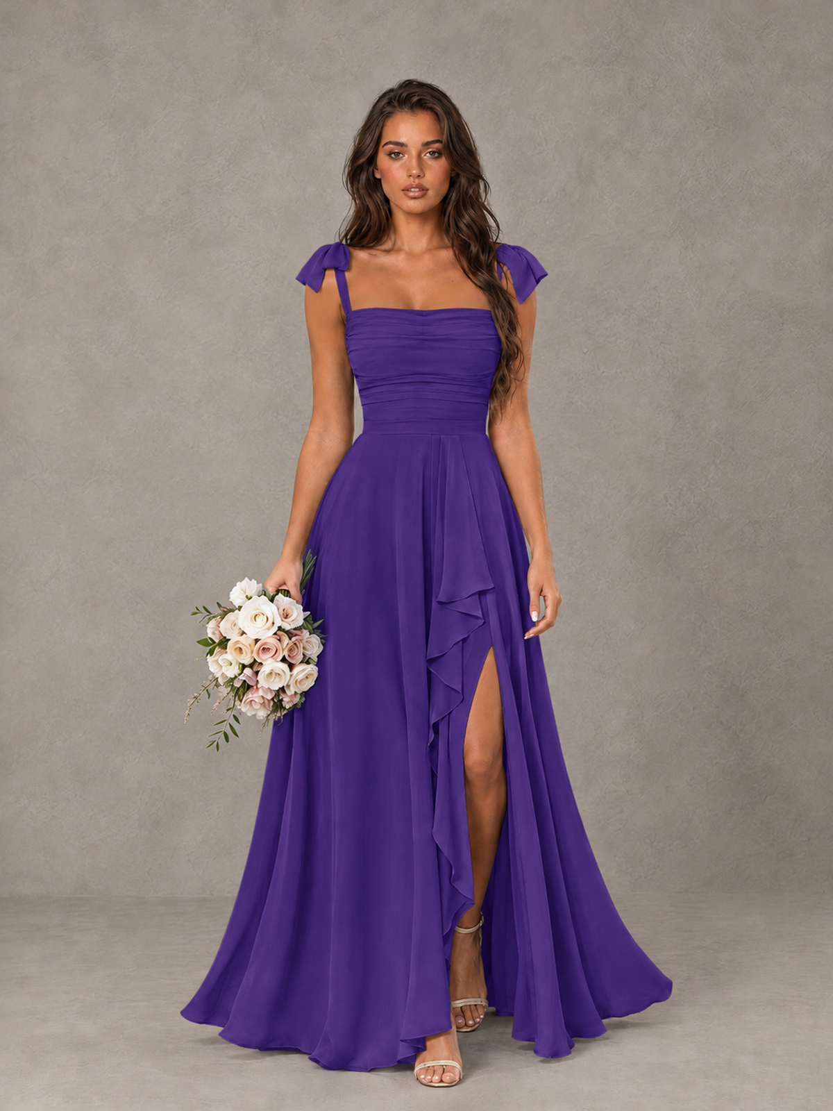 BOLODOO Purple Bow-Strap Bridesmaid Dress with Ruffle Slit - Purple - Purple (1)