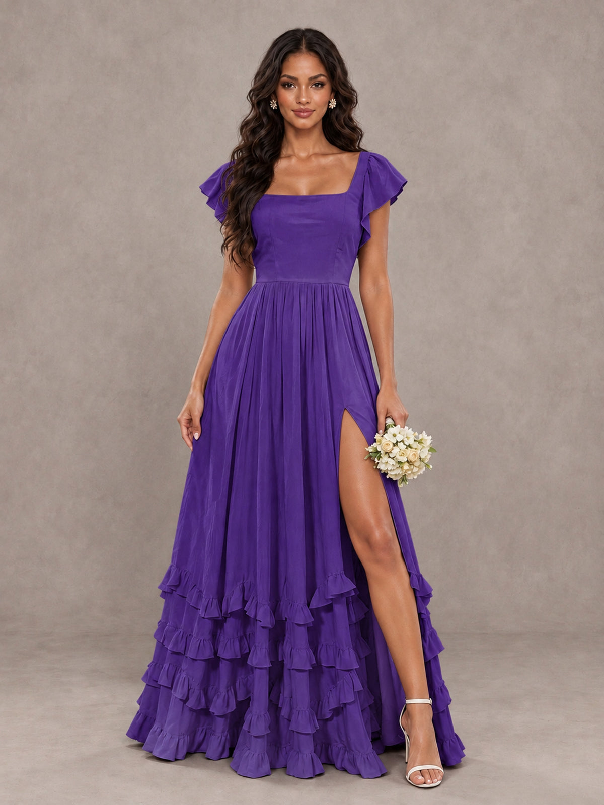 BOLODOO Purple Flutter Sleeve Ruffle Bridesmaid Dress with Slit - Purple - Purple (1)