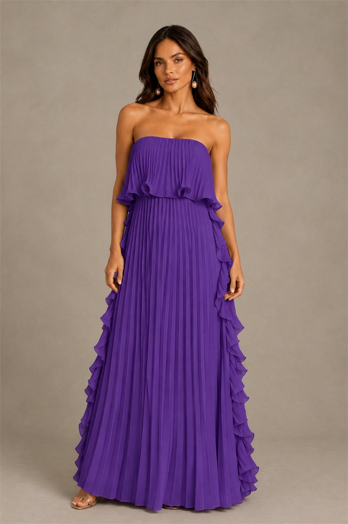 BOLODOO Purple Strapless Ruffle Bodice Dual Cascading Ruffle Accordion Pleated Chiffon Maxi Dress - Purple