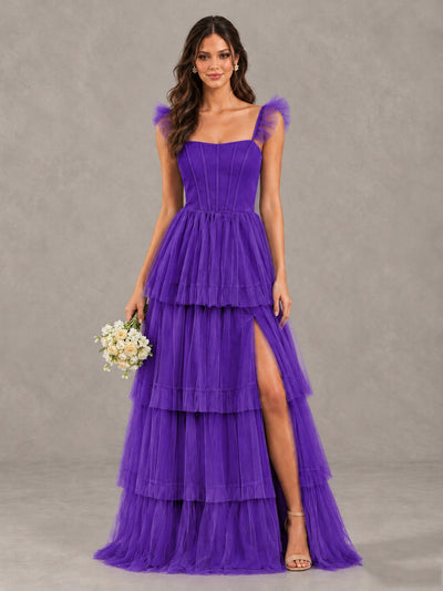 BOLODOO Purple Tiered Tulle Bridesmaid Dress with Slit - Purple - Purple (1)