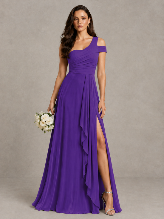 Purple One-Shoulder Bridesmaid Dress with Slit | BOLODOO