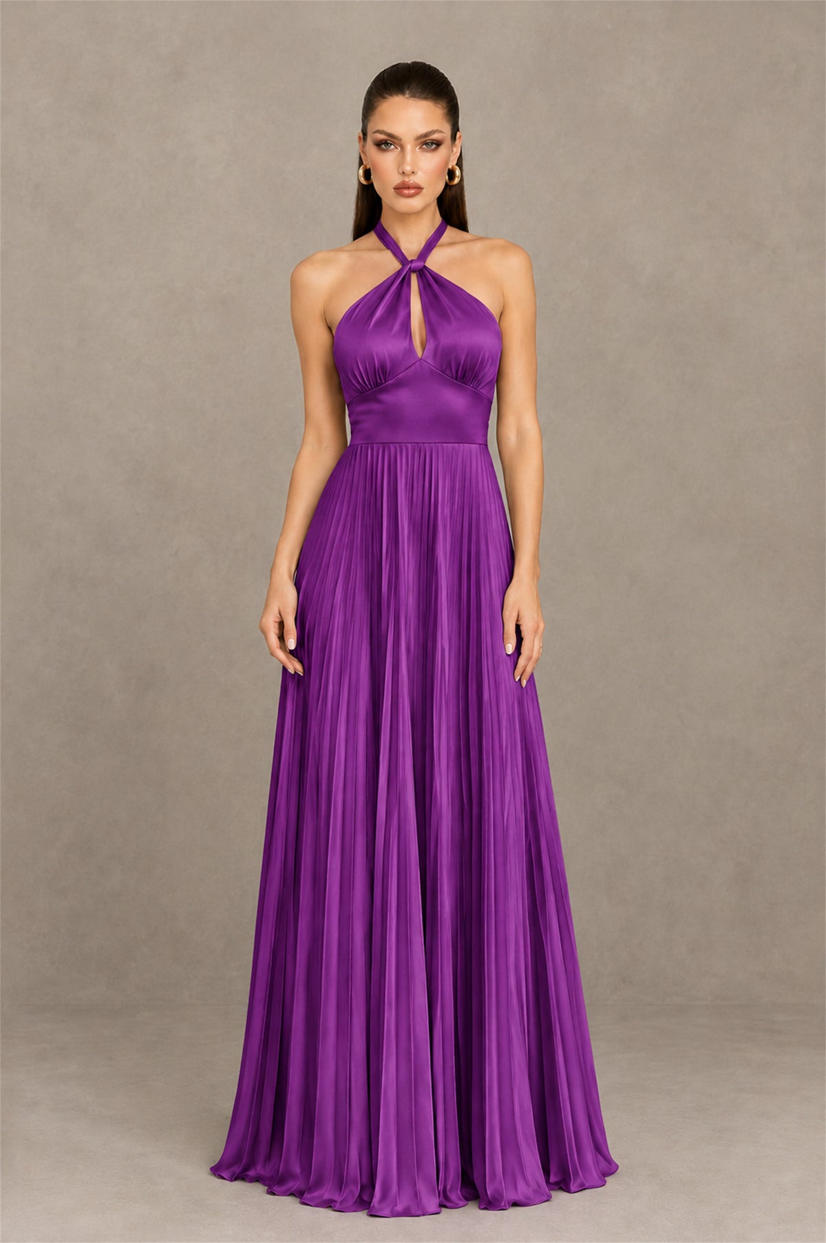 BOLODOO Purple Halter Pleated A-Line Evening Dress - Purple - Purple (1)