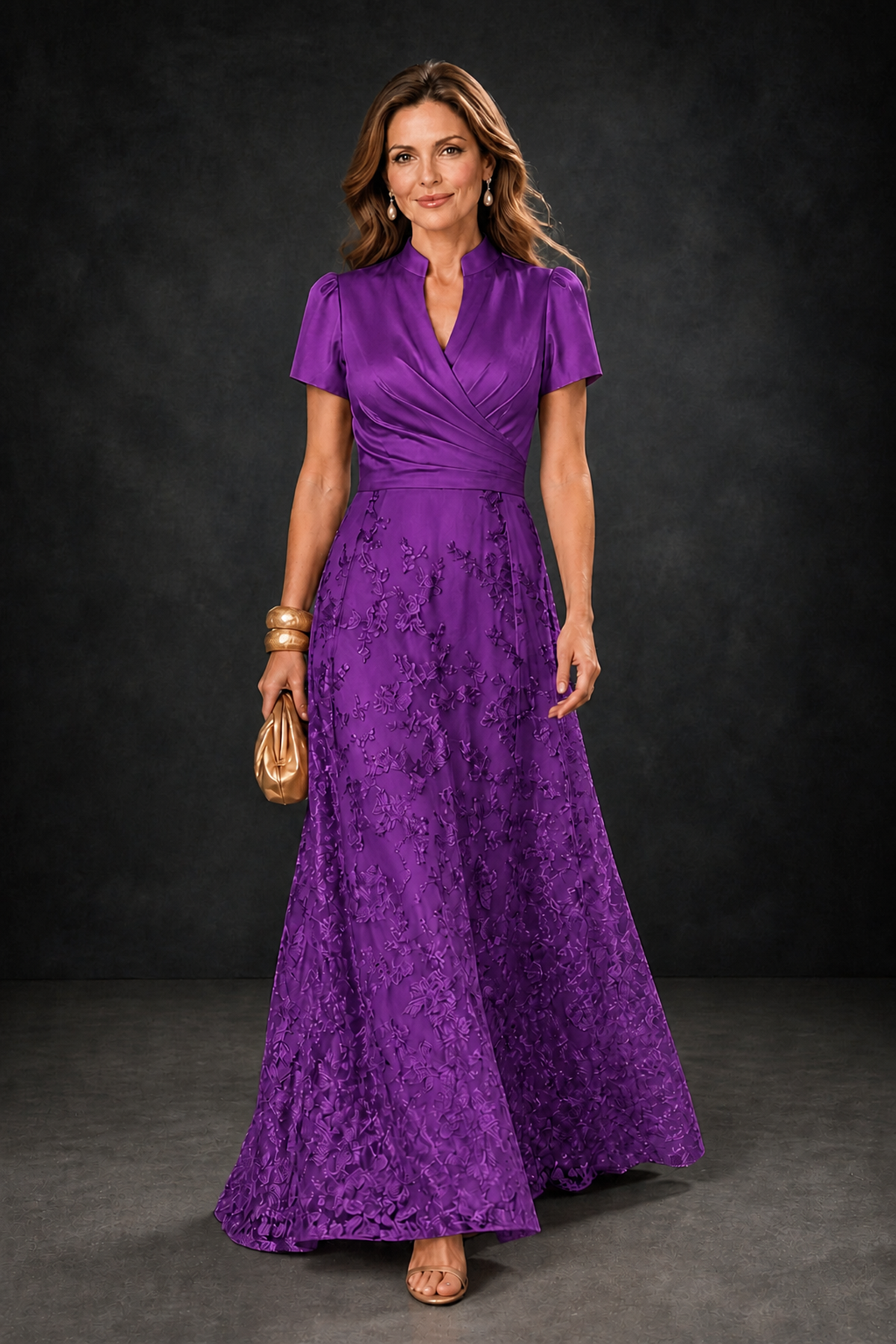 BOLODOO Purple Satin Wrap V-Neck Short Sleeve Lace Glitter A-Line Floor Length Evening Gown – Formal Dress - Purple - Purple (1)