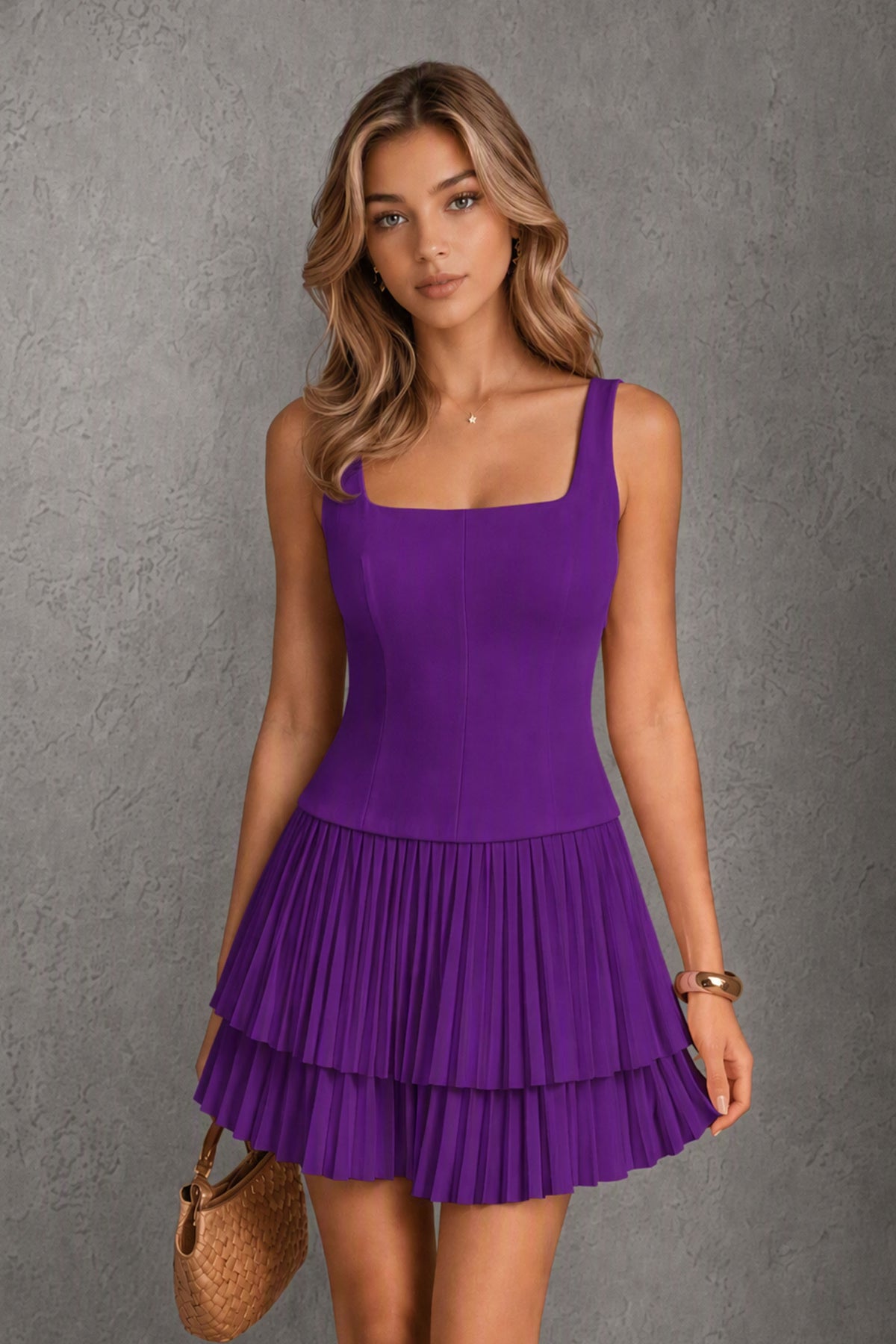 BOLODOO Purple Knit Square Neck Wide Strap Corset Bodice Tiered Pleated Mini Dress with Low Back - Purple