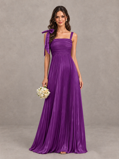 BOLODOO Purple Pleated Bow-Strap Bridesmaid Maxi Dress - Purple - Purple (1)