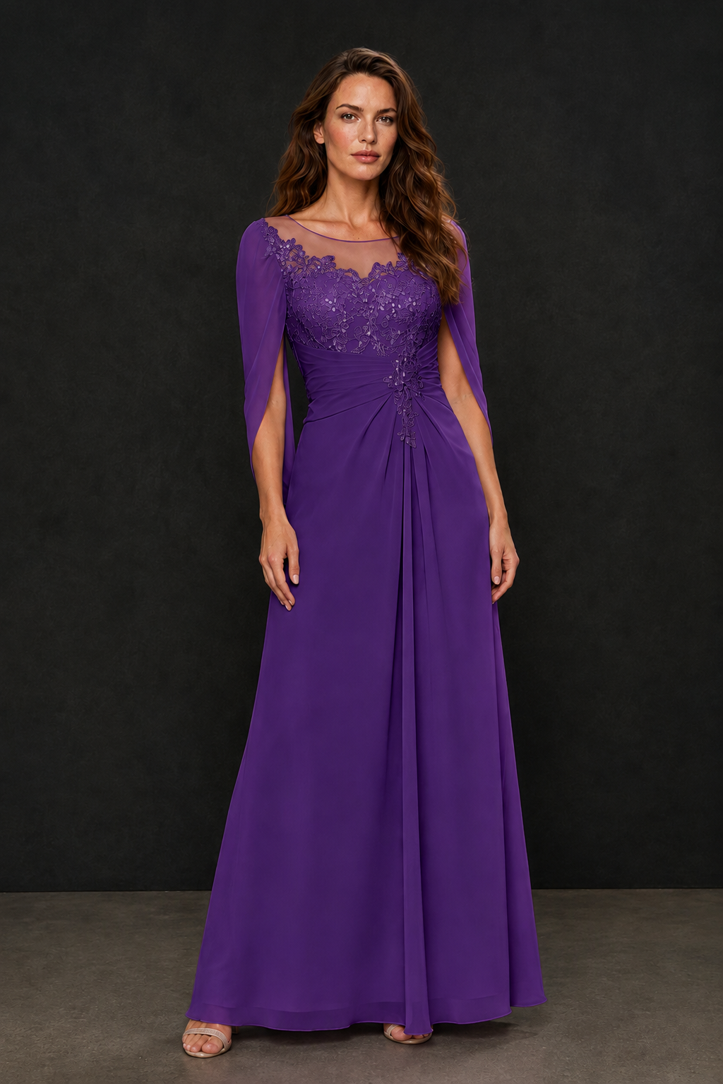 BOLODOO Purple Illusion Lace One-Side Cape Sleeve Beaded Chiffon Floor Length Gown | Mother of the Bride Evening Dress - Purple