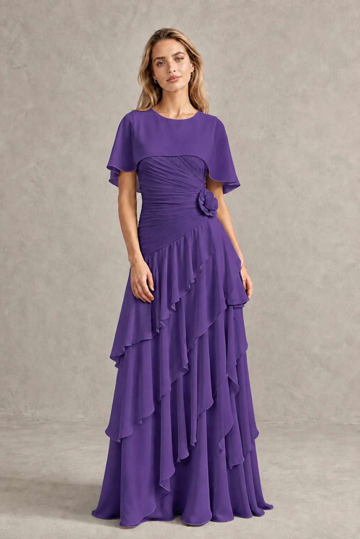 BOLODOO Purple Chiffon Flutter Sleeve Tiered Maxi Dress with 3D Rosette - Purple