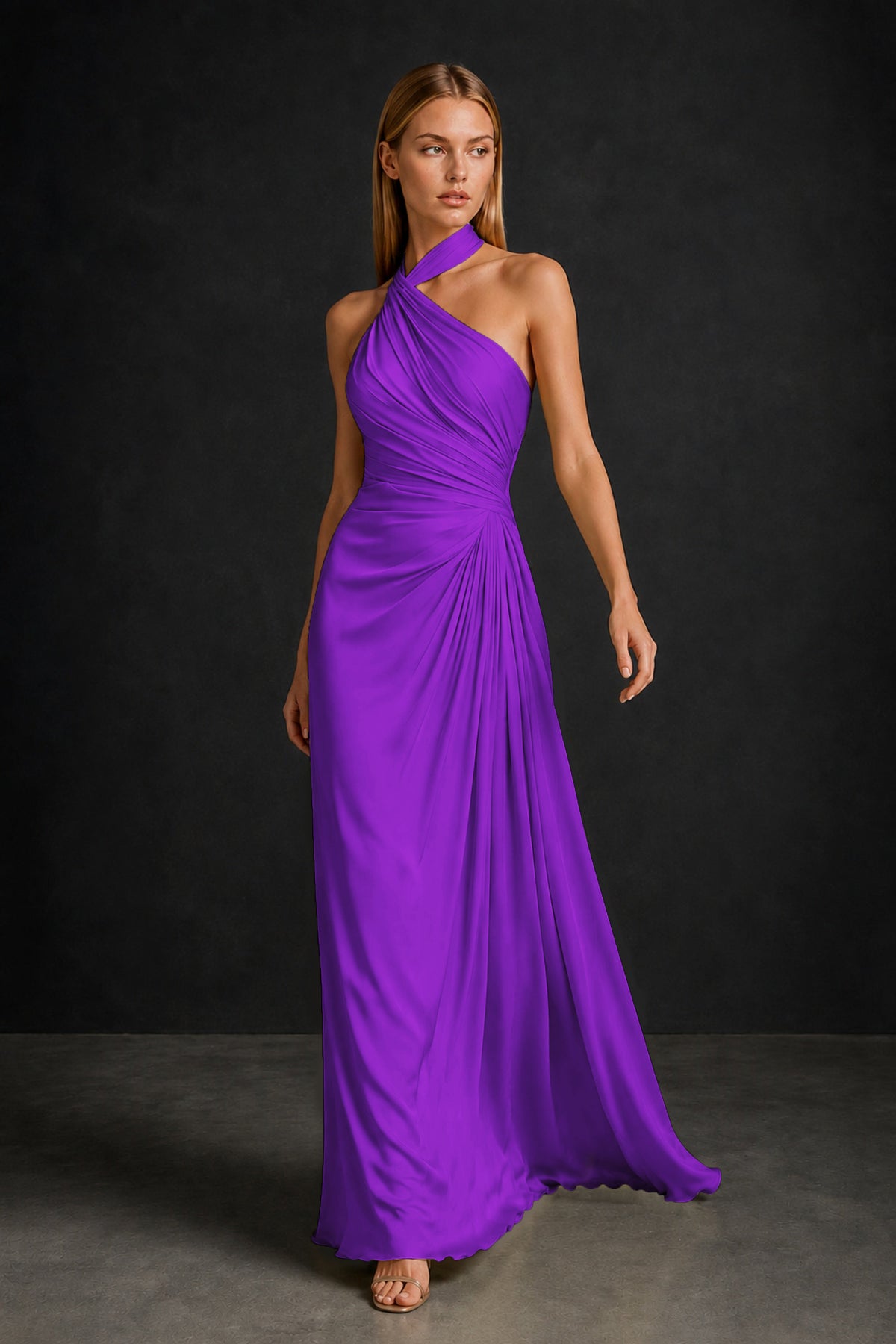 BOLODOO Purple Twisted Halter Neck Ruched Sleeveless Open Back Floor-Length Gown - Purple