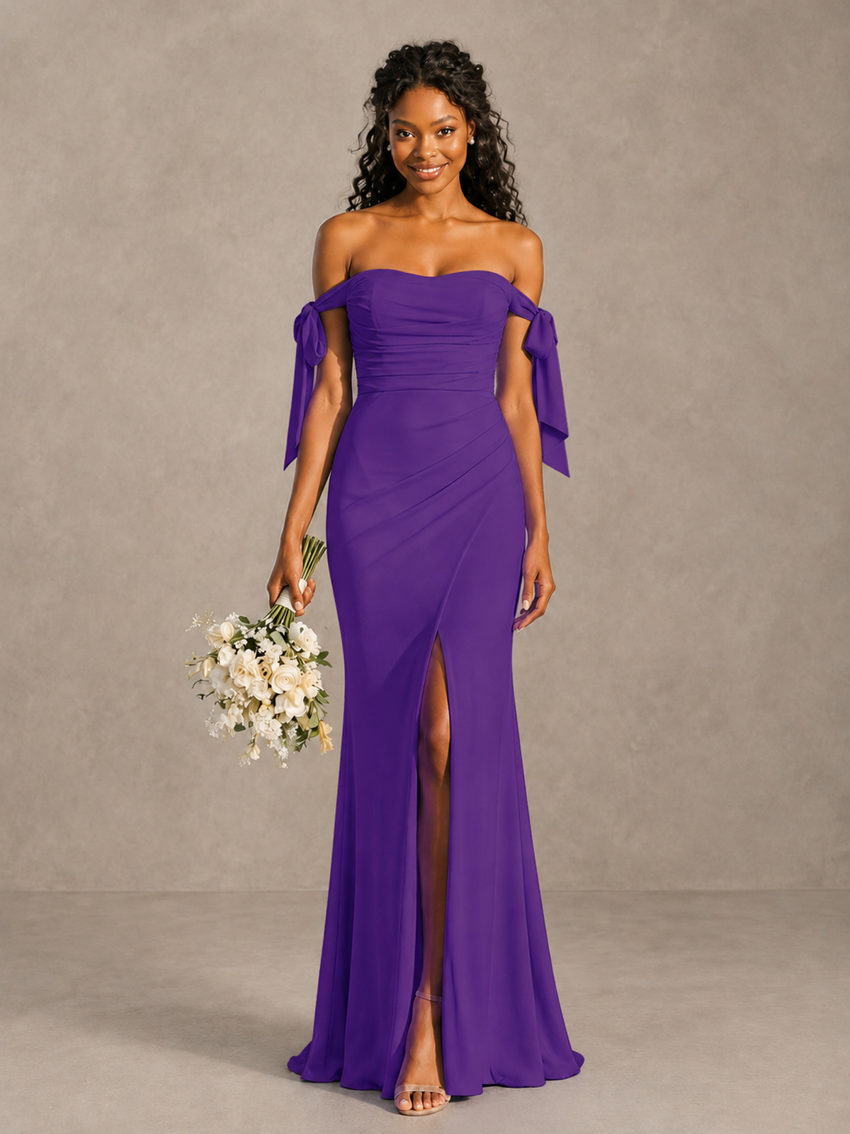 Purple Off-Shoulder Bow Bridesmaid Dress with Slit - Purple - Purple (1)