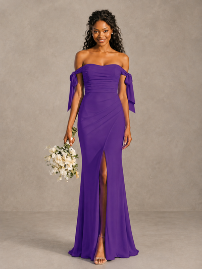 Purple Off-Shoulder Bow Bridesmaid Dress with Slit - Purple - Purple (1)