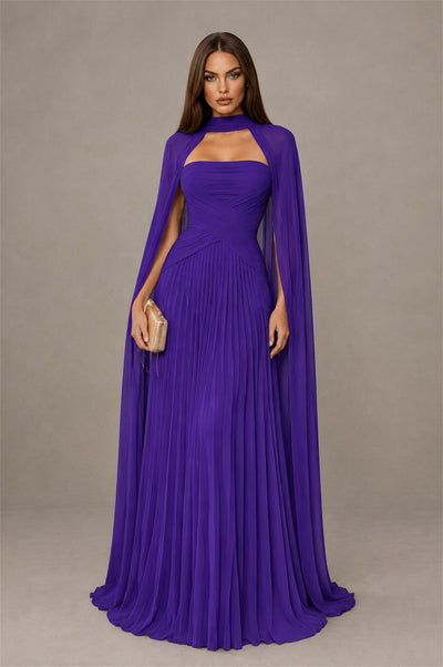 BOLODOO Purple Strapless Crossover Ruched Bodice Detached Turtleneck Cape Lace-Up Back Pleated Chiffon Maxi Dress - Purple