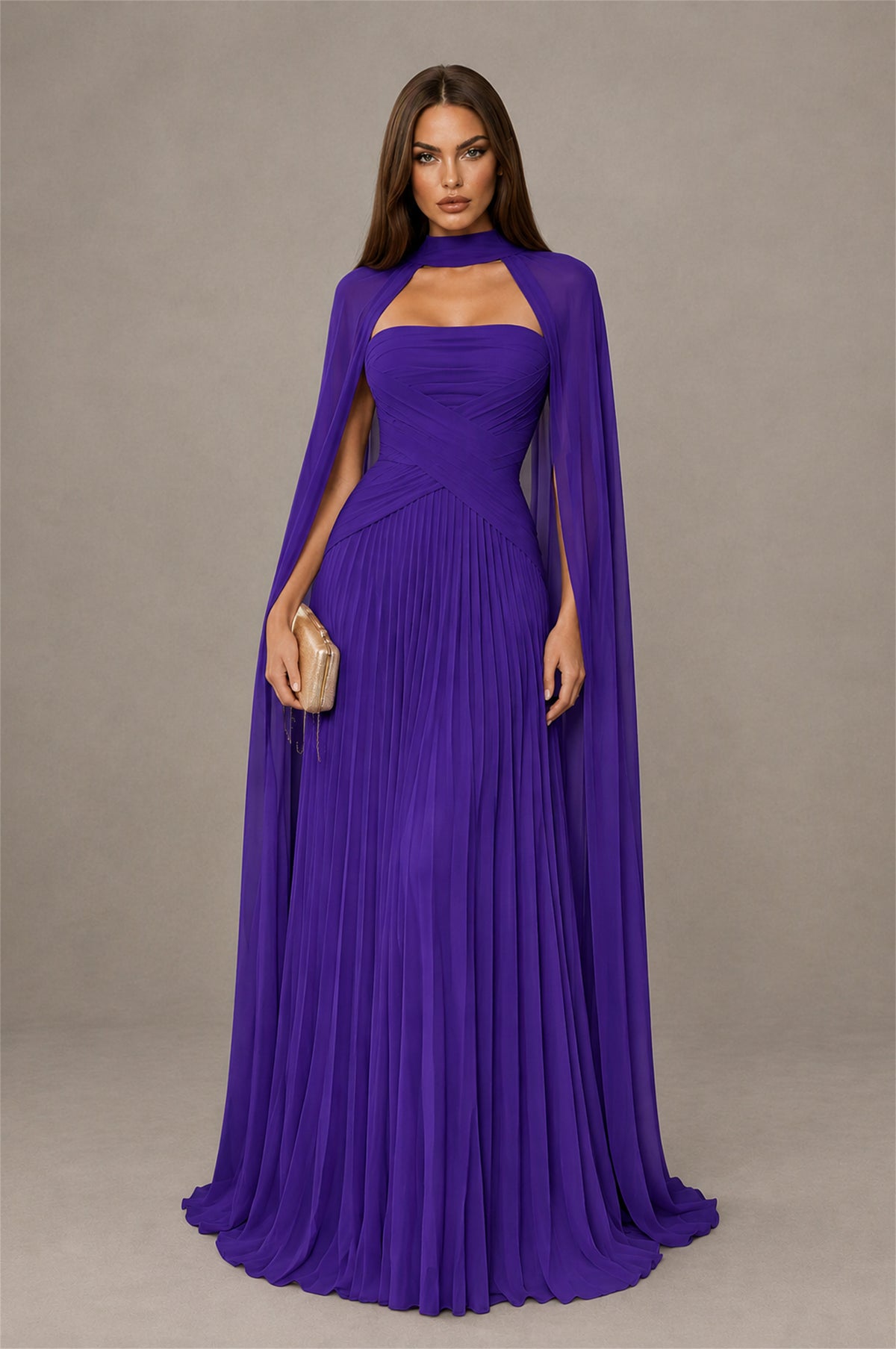 BOLODOO Purple Strapless Crossover Ruched Bodice Detached Turtleneck Cape Lace-Up Back Pleated Chiffon Maxi Dress - Purple