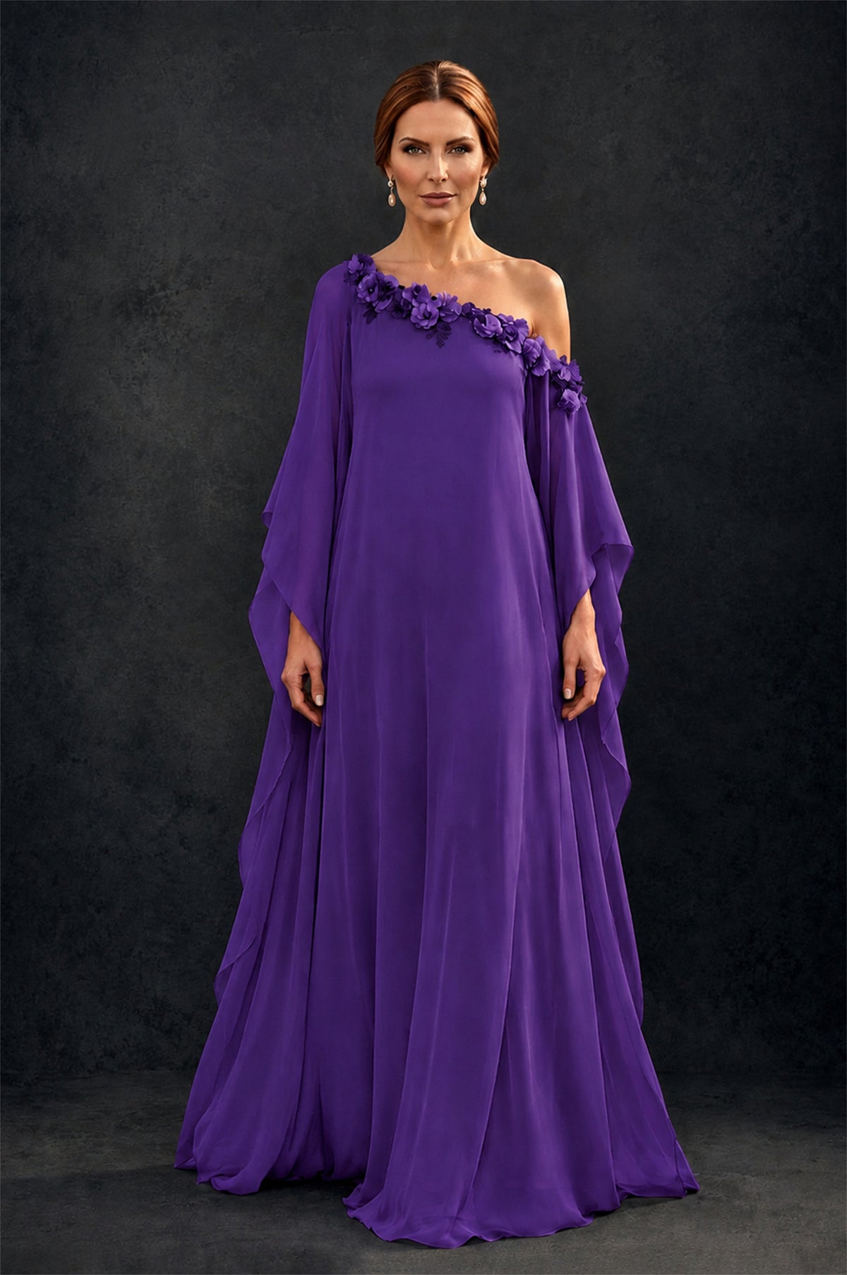 BOLODOO Purple 2-Piece Set: Off-Shoulder 3D Floral Cape Gown & One-Shoulder Wide-Leg Jumpsuit | BD0373 - Purple