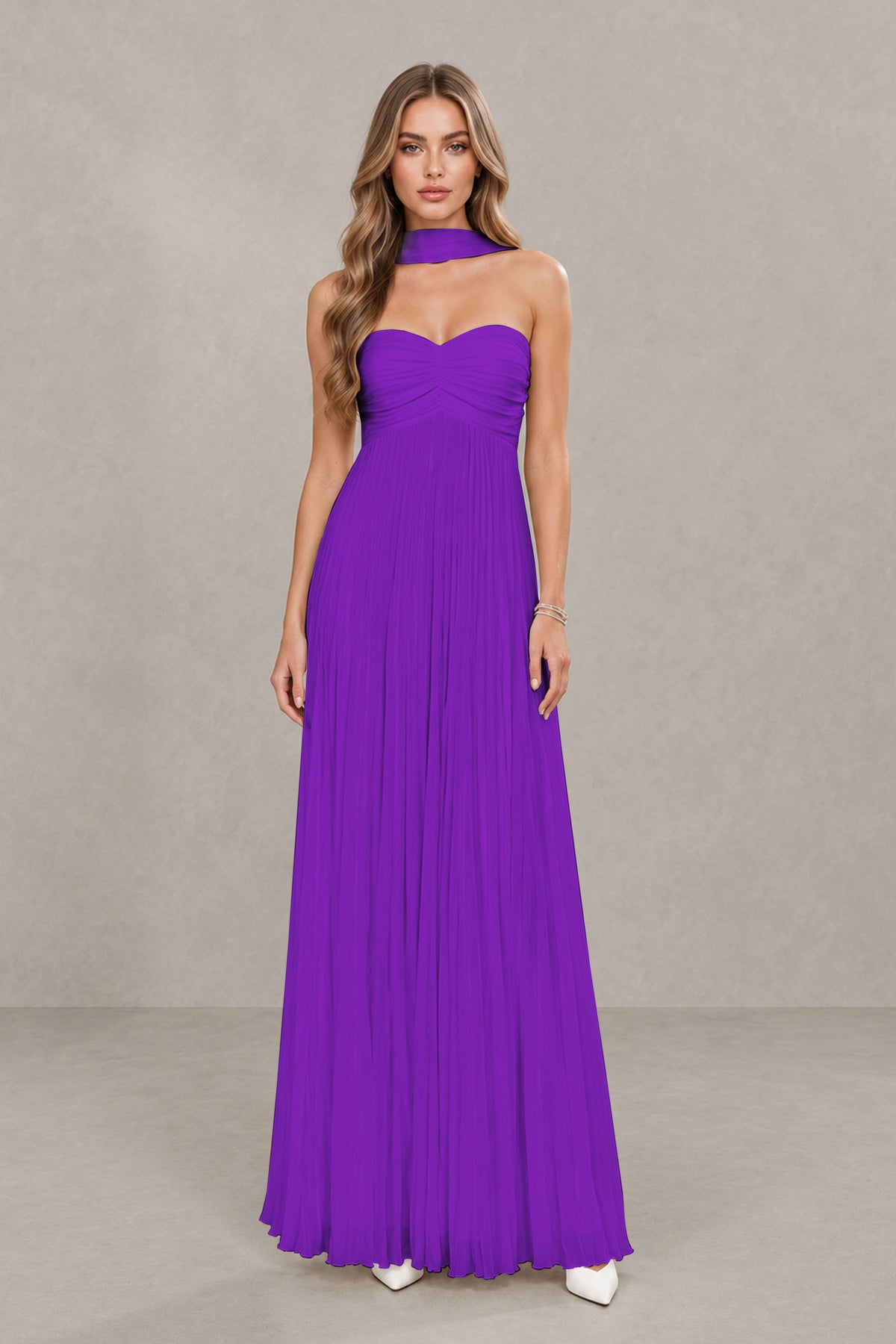 BOLODOO Purple Strapless Chiffon-Look Maxi Dress with Lace-Up Back & Cape - Purple