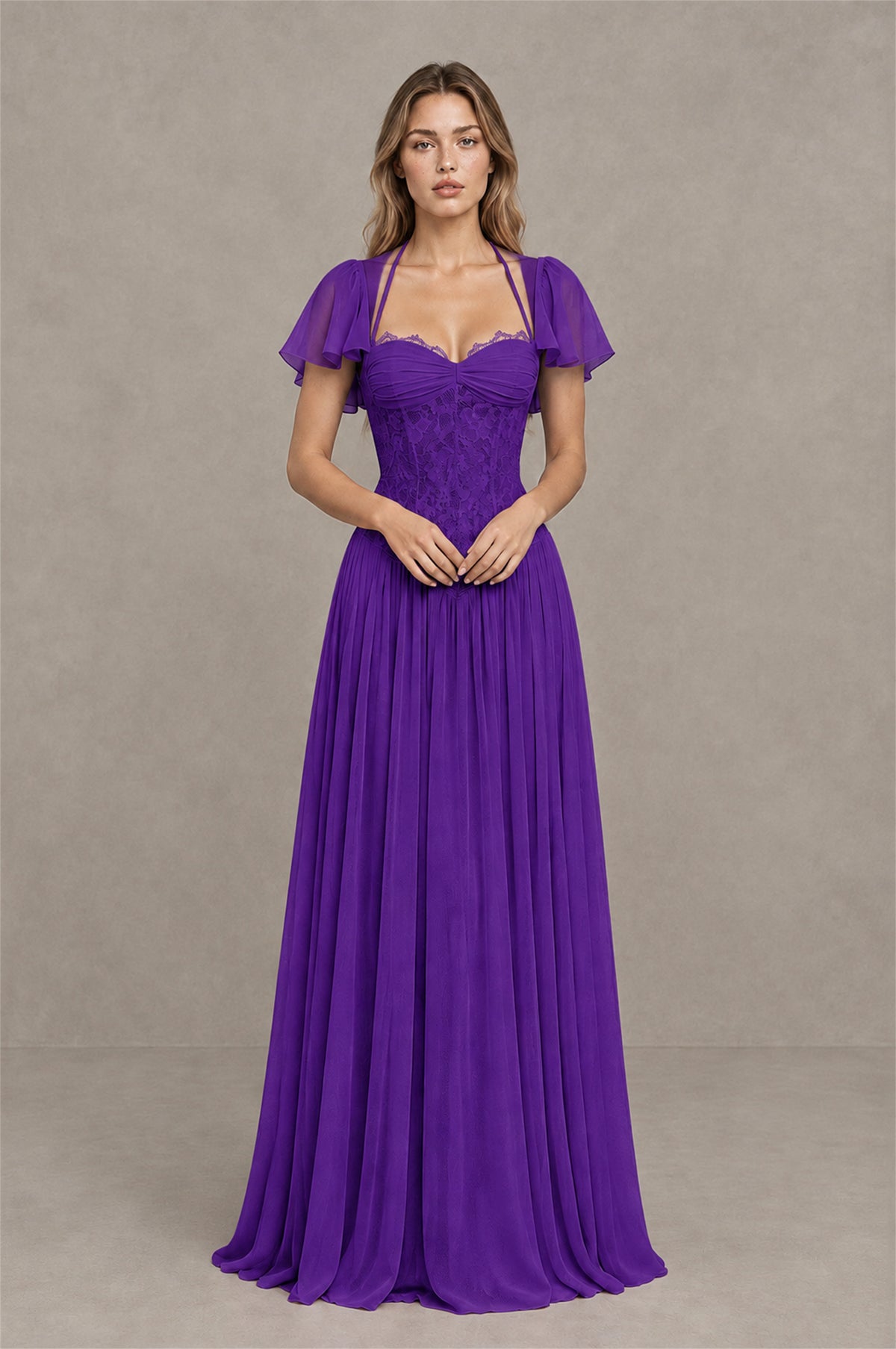 BOLODOO Purple Flutter Sleeve Lace Corset A-Line Maxi Dress - Purple - Purple (1)