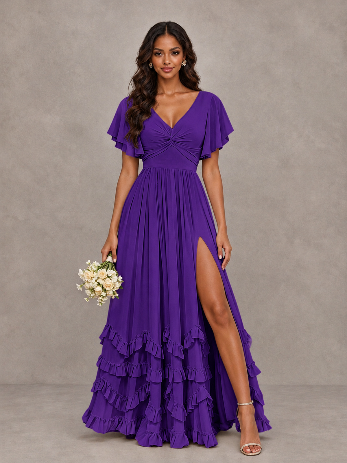BOLODOO Purple V-Neck Flutter Sleeve Ruffle Bridesmaid Dress with Slit - Purple - Purple (1)