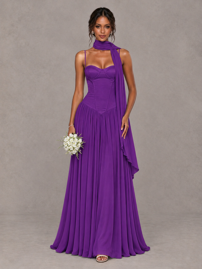 BOLODOO Purple Corset Bridesmaid Dress with Scarf - Purple - Purple (1)