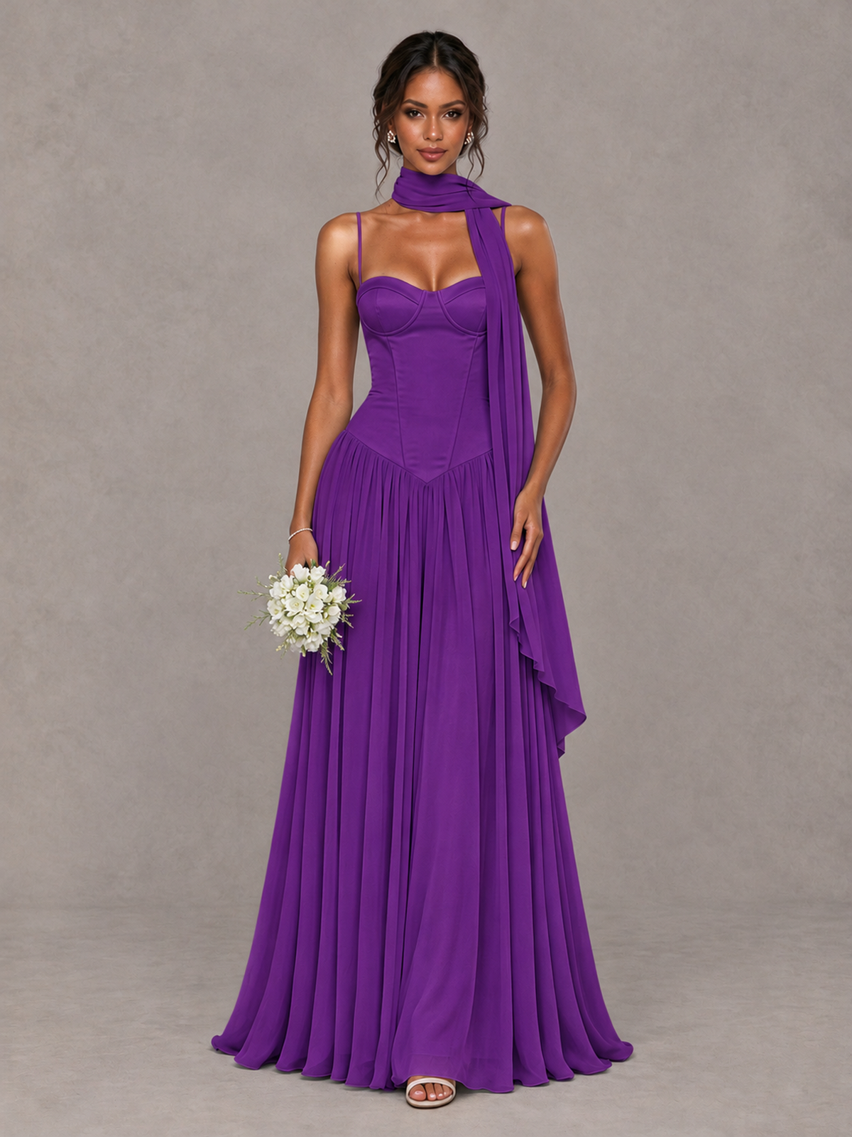 BOLODOO Purple Corset Bridesmaid Dress with Scarf - Purple - Purple (1)