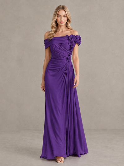 BOLODOO Purple Off-Shoulder Floral Applique Wedding Guest Maxi Dress - Purple - Purple (1)