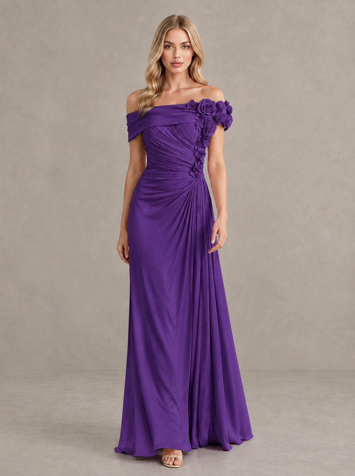 BOLODOO Purple Off-Shoulder Floral Applique Wedding Guest Maxi Dress - Purple - Purple (1)