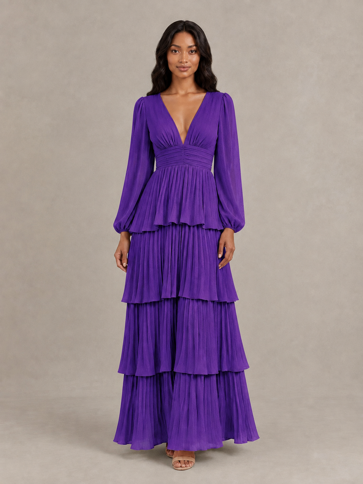 BOLODOO Purple Long-Sleeve Tiered Maxi Dress with Deep V-Neck - Purple