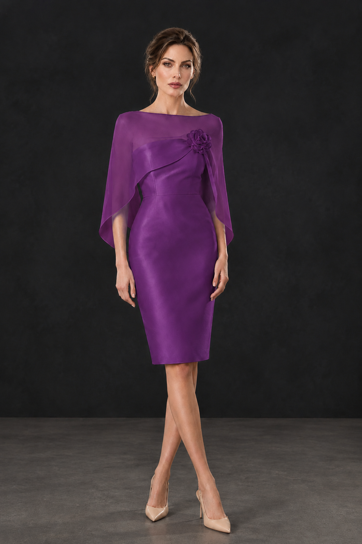 BOLODOO Purple Cape Knee-Length Mother of the Bride Dress - Purple - Purple (1)