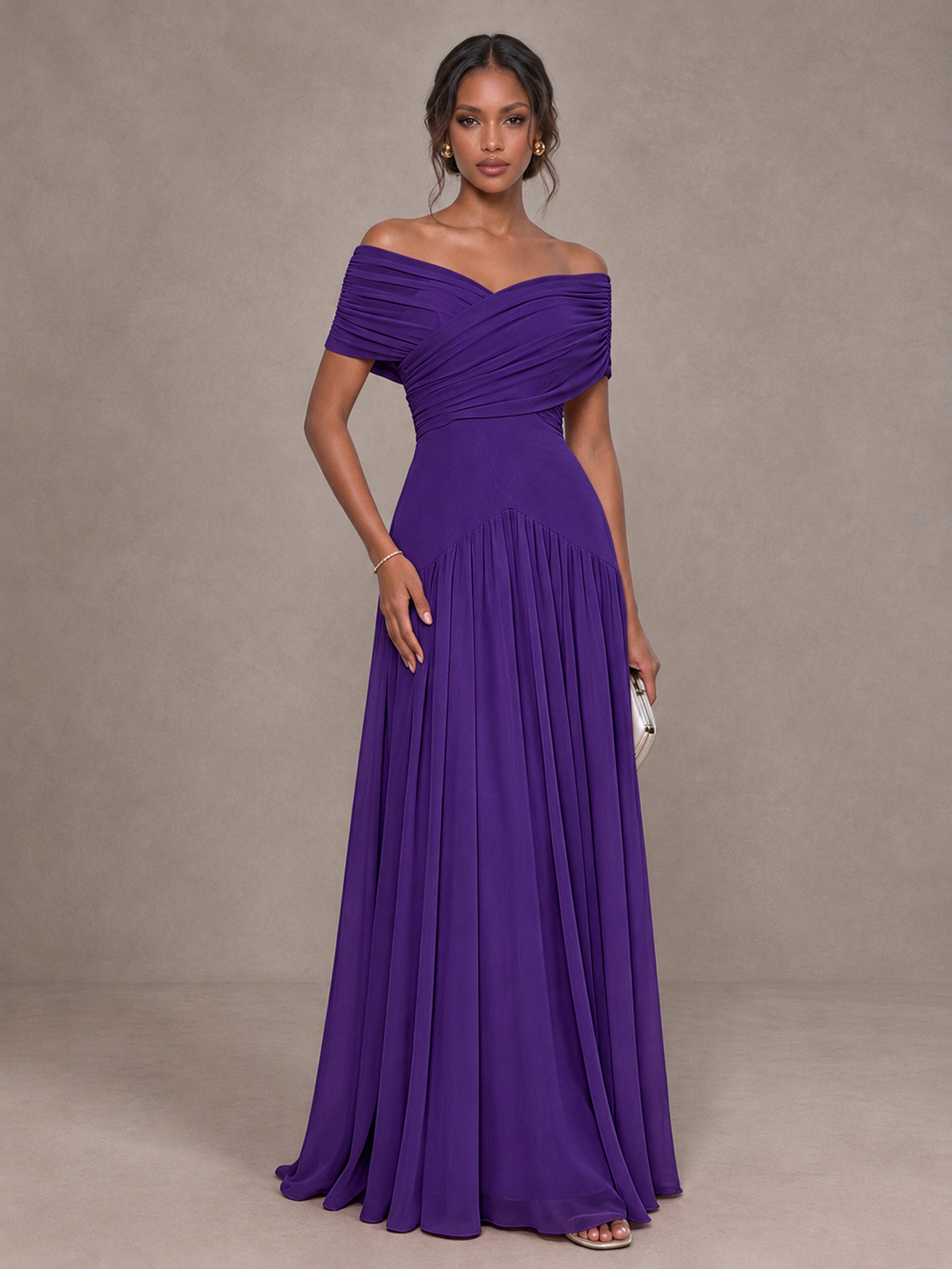 BOLODOO Purple Off-Shoulder Ruched A-Line Bridesmaid Dress - Purple - Purple (1)