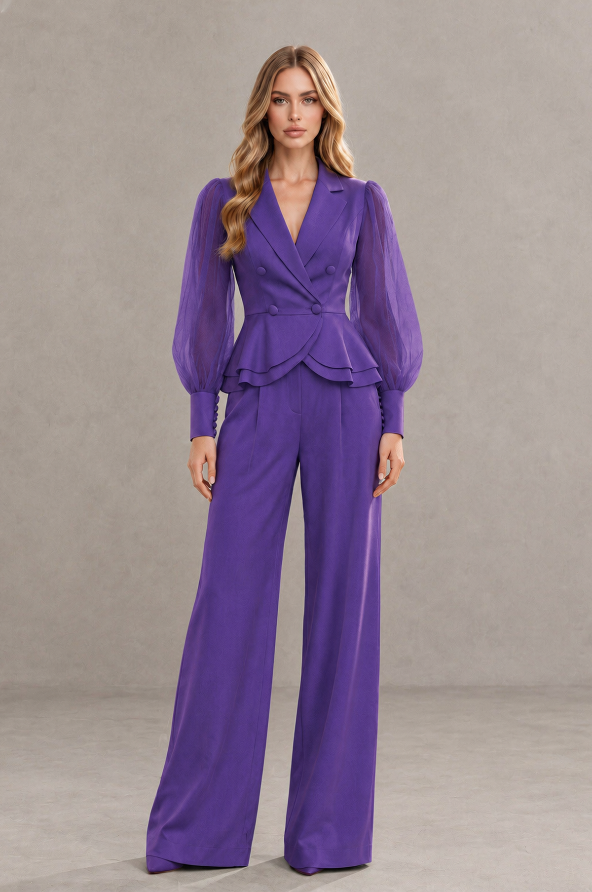 BOLODOO Mint Purple Peplum Blazer Wide-Leg Pantsuit with Sheer Puff Sleeves - Purple