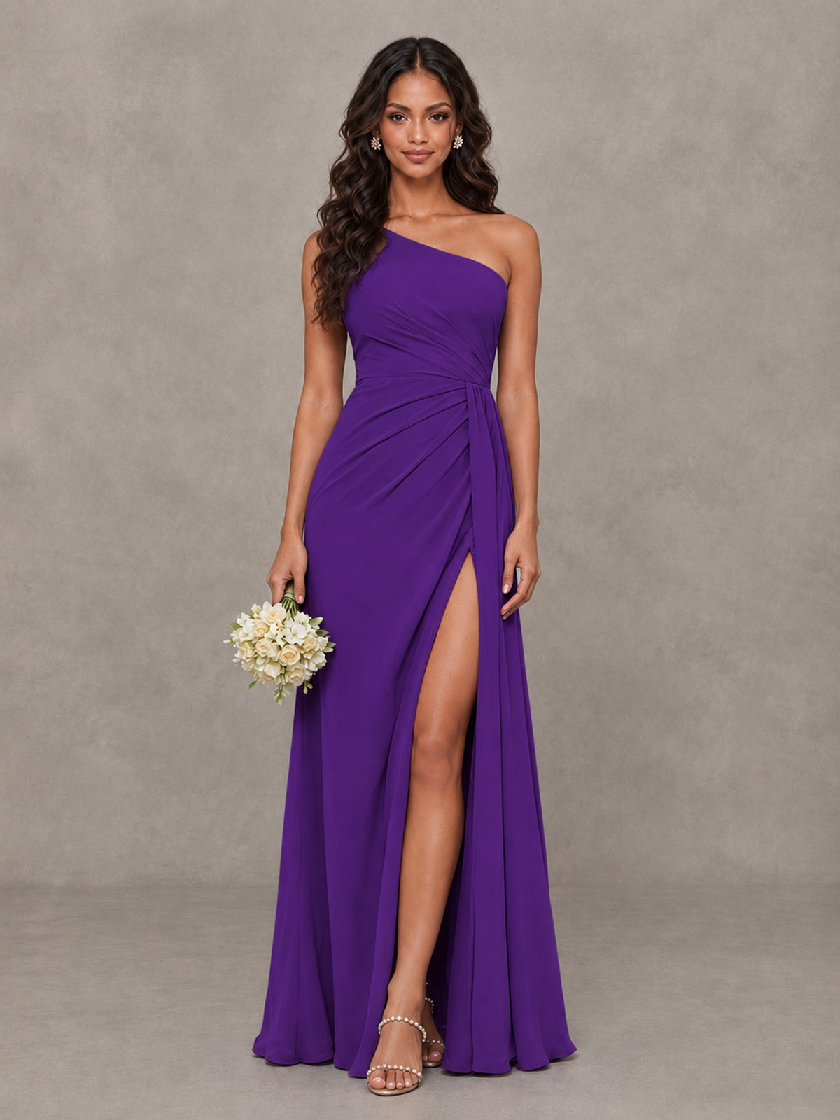 BOLODOO Purple One-Shoulder Chiffon Bridesmaid Dress with Ruched Bodice & High Slit - Purple - Purple (1)