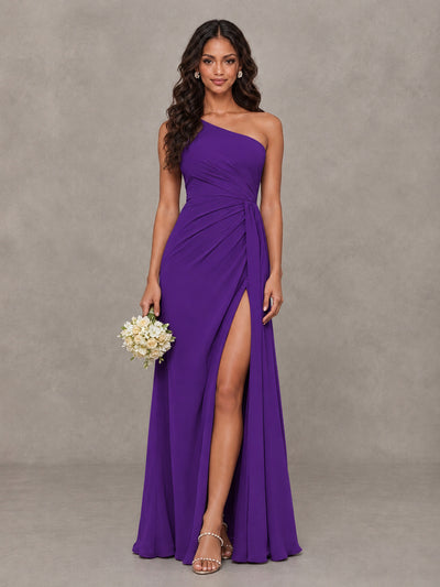 BOLODOO Purple One-Shoulder Chiffon Bridesmaid Dress with Ruched Bodice & High Slit - Purple - Purple (1)