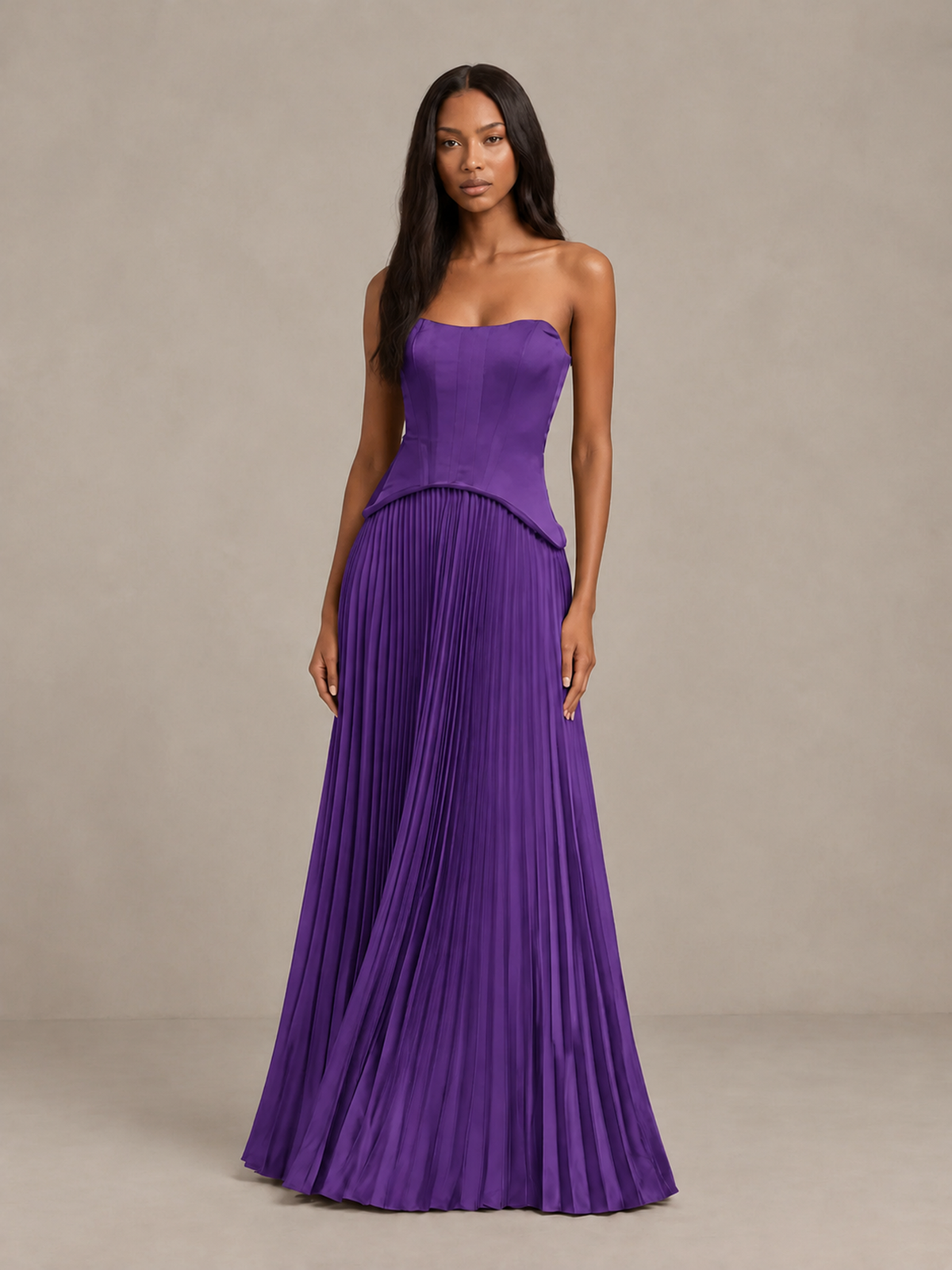 BOLODOO Purple Strapless Pleated Satin Evening Prom Dress - Purple