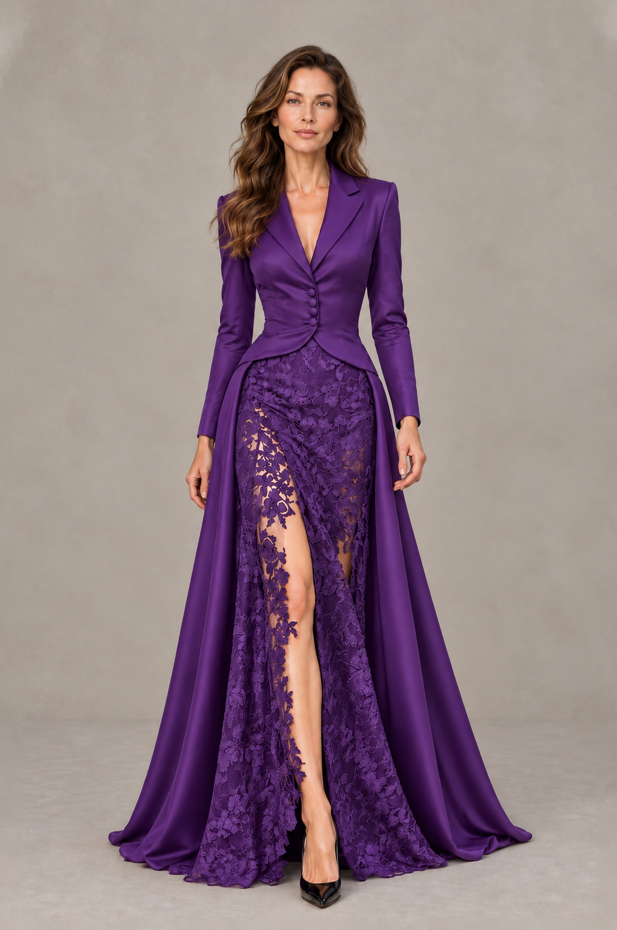 BOLODOO Purple Long Sleeve Lace Blazer Gown with High Slit - Purple - Purple (1)