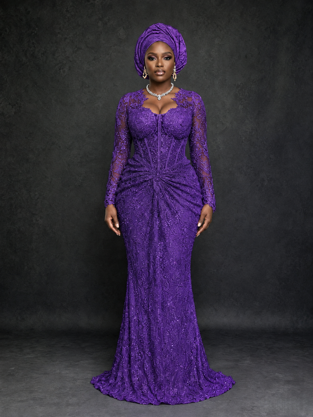 BOLODOO Purple Beaded Lace Long Sleeve Mermaid Gown Sweetheart | Mother of the Bride - Purple
