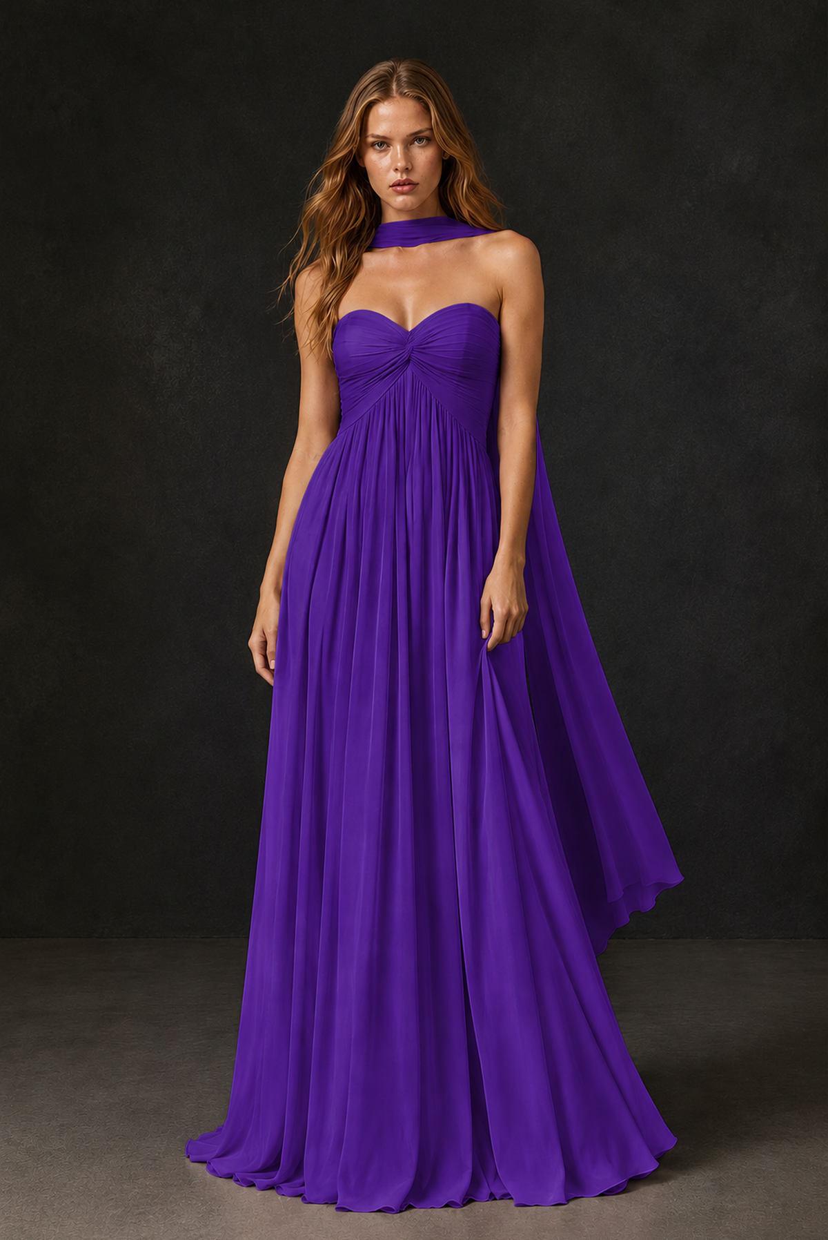 BOLODOO Purple Sweetheart Strapless Twist Knot Detached Halter Scarf Lace-Up Back Empire Waist Chiffon Maxi Dress - Purple